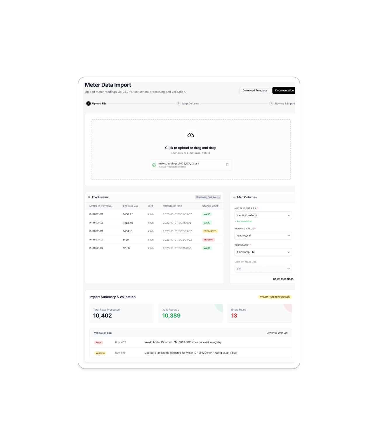 Meter data import interface showing file upload and validation